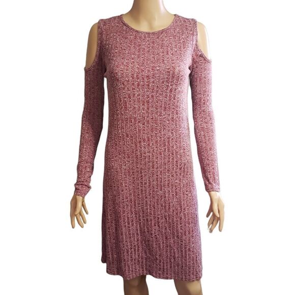 PIPHAY Chelsea Red Heathered Ribbed Knit Cold Shoulder Long Sleeve Dress XSMALL - Picture 6 of 14